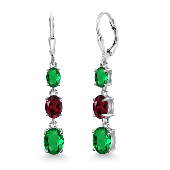 Gem Stone King 4.10 Cttw Green Nano Emerald and Red Rhodolite Garnet 3 Stone Dangle Earrings for Women | 925 Sterling Silver | Gemstone Birthstone | Oval 8X6MM, 7X5MM and 6X4MM