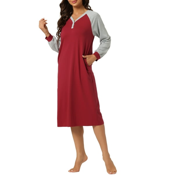 INSPIRE CHIC Vestido de salón para mujeres, pijama tipo sleepshirt, con mangas largas, cuello Henley, camisones con bolsillos, XL Rojo