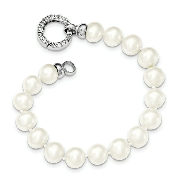 Primal Silver Sterling Silver Rhodium-plated 9-10mm White Freshwater Cultured Pearl Cubic Zirconia Fancy Bracelet