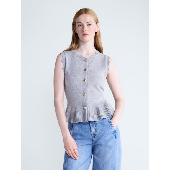 Free Assembly Women's Scalloped Trim Peplum Hem Sweater Vest, Lightweight, Sizes XS-XXL