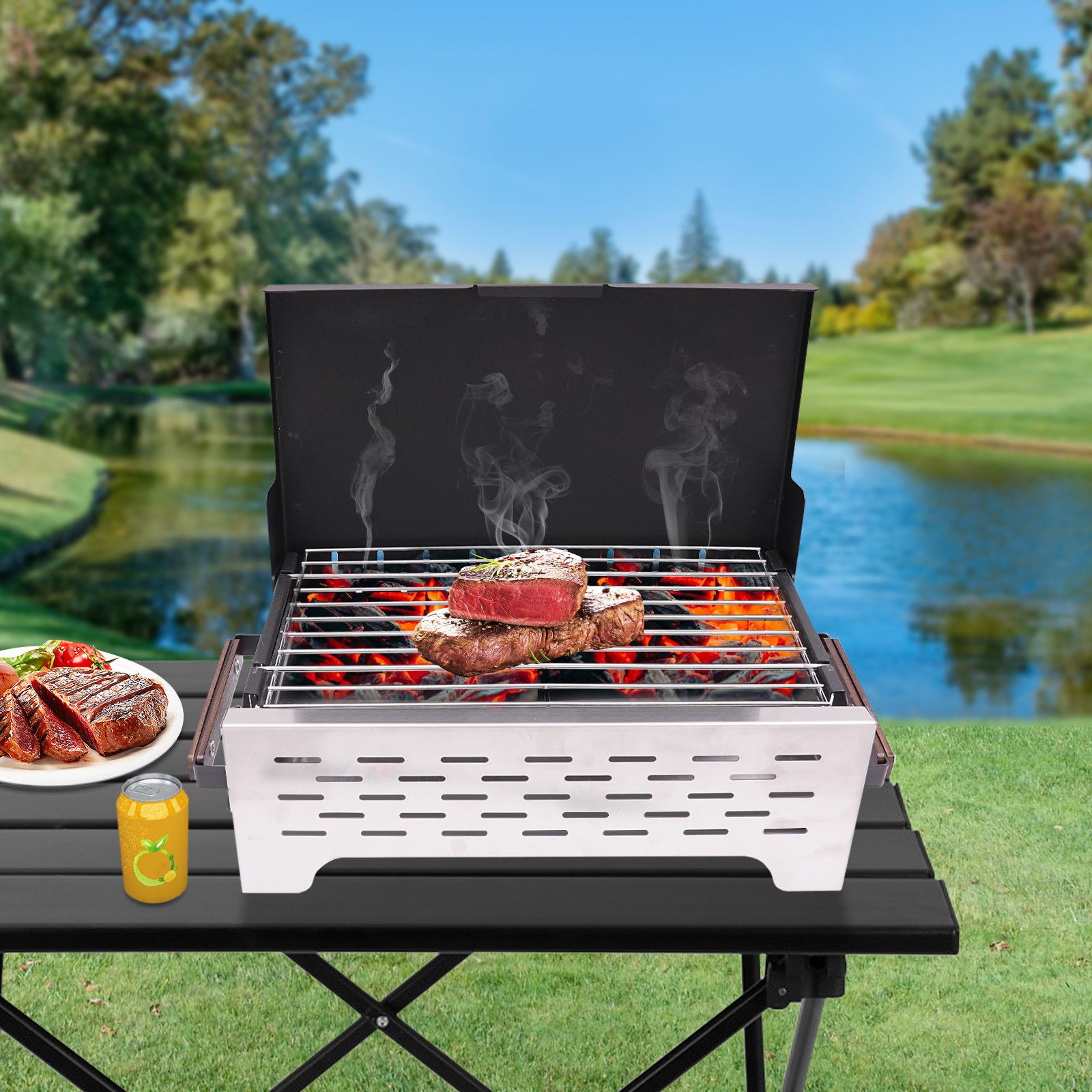20.79*10.31*2.44 in Modern Plastic Spraying Black Silver Rectangular Portable Charcoal Grill for Gatherings