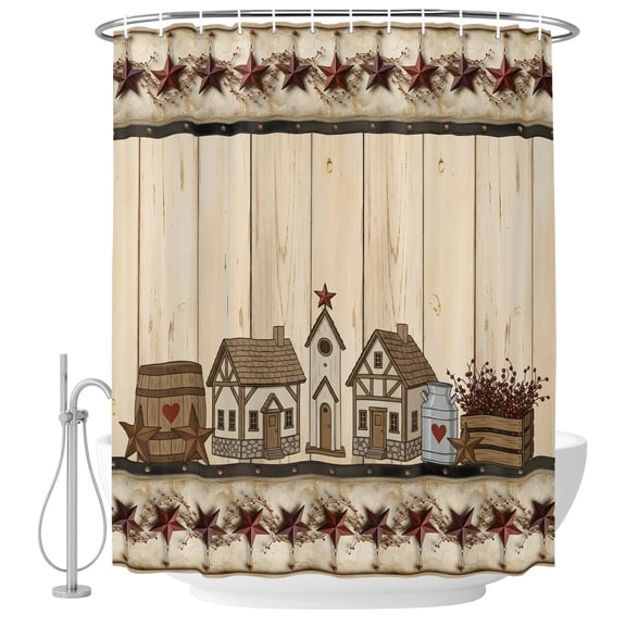 Small Stall Shower Curtain 36x78 Inch Narrow Half Size Barn Star Wooden Bath Curtains Bathroom Decor, Grey Farmhouse Berry Botanical Waterproof Fabric Shower Curtain Set with Hooks 36 Inch