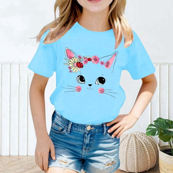 Vqpzlfhb Girls Tops Tunic Tee Tops Casual Short-Sleeve Fun Print Solid Color Cute Cat Summer