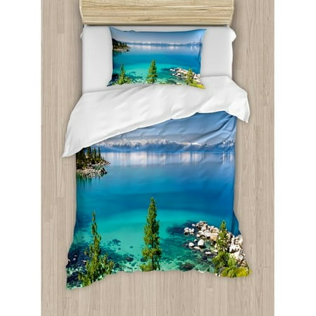 - Ambesonne Tranquil View of Lake Tahoe Sierra Pines on Rocks with Waters Shoreline Duvet Cover Set