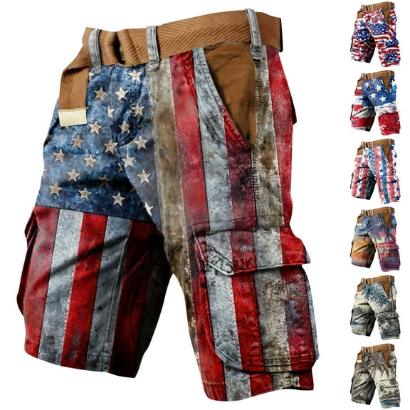Drmagiyhm Patriotic Cargo Shorts for Men Athletic Casual Wide legs Shorts Lightweight Stars and Stripes Sports Tactical Short Pant with Pockets
