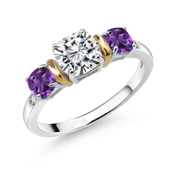 Gem Stone King 1.60 Cttw 925 Silver & 10K Yellow Gold IGI Certified Lab Grown Diamond and Amethyst 3 Stone Ring for Women | 1 Ct Center Cushion Cut Diamond | E-F Color VS1-VS2 Clarity (Size 7)