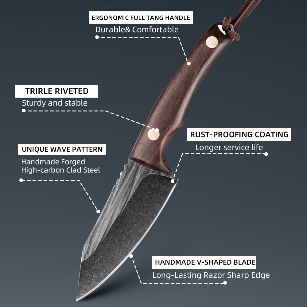 Small Procket Knife 3.5-inch Fixed Blade Knife 2Pcs High Carbon Steel Fruit Meat Butcher Knife Set Full Tang Hunting Knife Wood Handle with Paracord Lanyard,for Outdoor Camping Bushcraft