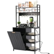 MAGIC UNION Black Bakers Racks Kitchen Microwave Stand Cabinet with 10 Gallon Trash Can Bin Cabinet and Power Outlet, 6-Tiers Farmhouse Coffee Bar Table Station with 6 Hooks and Storage Shelf