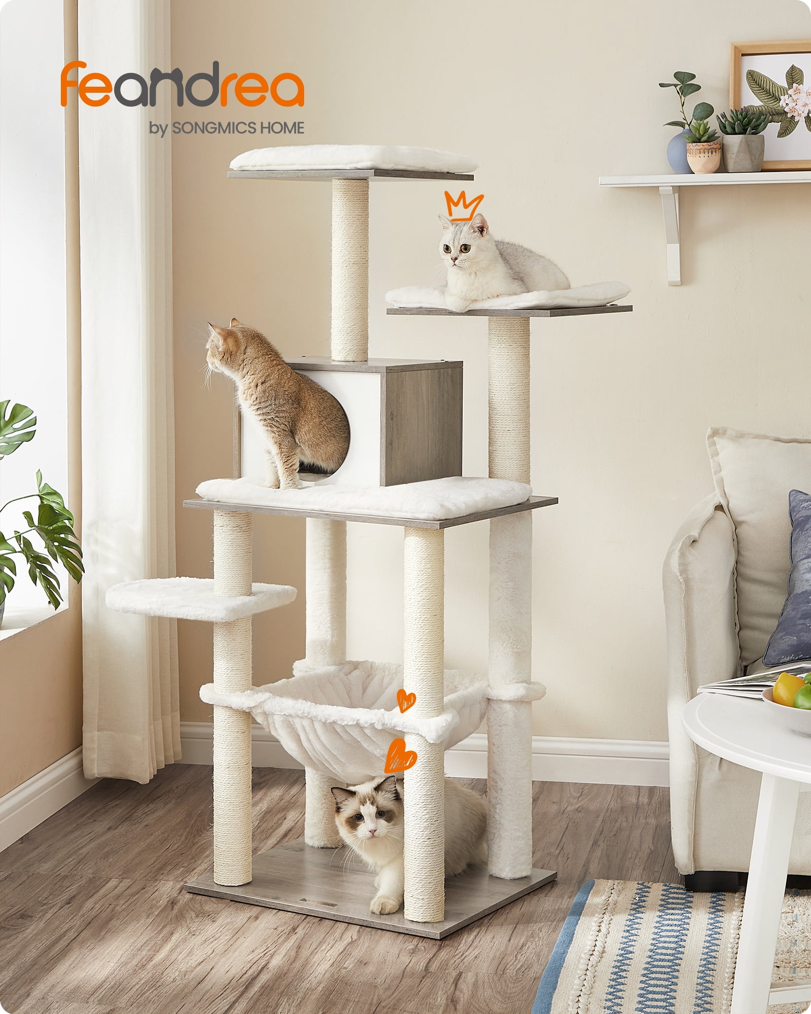 Cat Tree, 54.3-Inch Cat Tower with Scratching Posts, Hammock, Cat Cave, Padded Perches, Wooden Cat Condo, Heather Greige