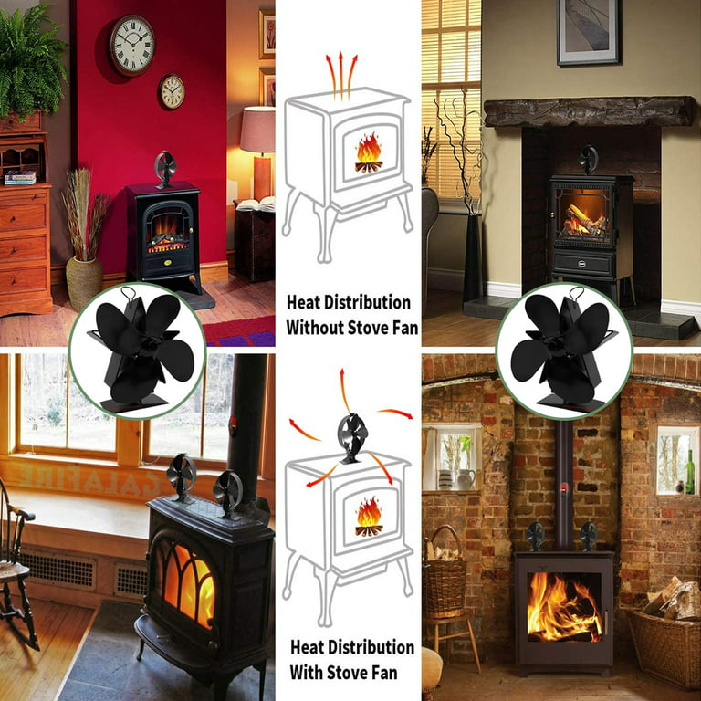 CHUANK 122°F Start Silent Heat Powered Wood Stove Fan 4 Blade Black Small  for Gas/Pellet/Wood/Log Burning Stoves + Thermometer 