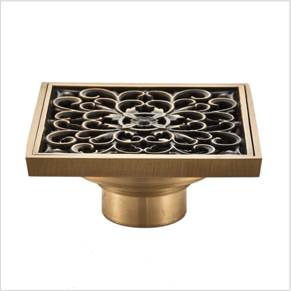 4 Inch Bathroom Shower Floor Drain, Square Antique Brass Floor Drain Vintage Flower Carved Strainer Cover Grate Drain