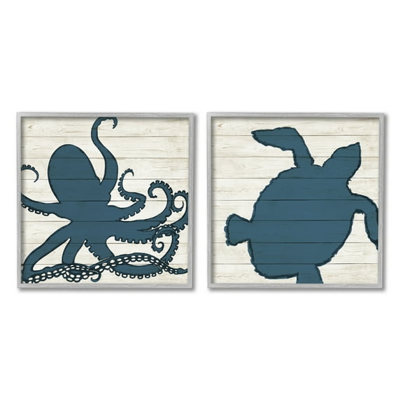 Stupell Industries Nautical Blue Silhouette Octopus Sea Turtle Aquatic Animals, 12 x 12, Design by Julie DeRice