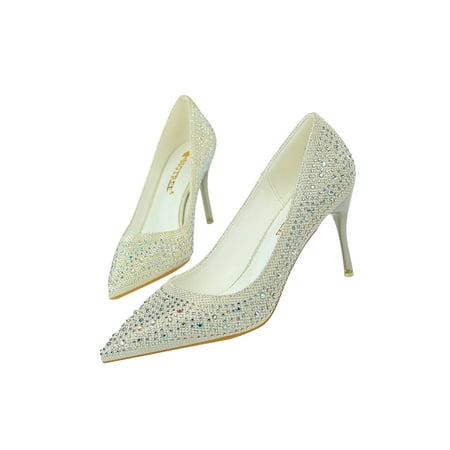 

Gomelly Ladies Rhinestones Pump Lightweight Sexy Wedding Casual Stiletto Heel Pumps White 8