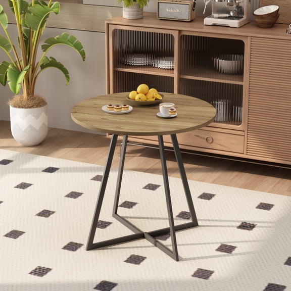 Noble House 31.5" Round Dining Table, Modern Small Circle Kitchen Table with Black Metal Legs, for 2-4 People, Brown