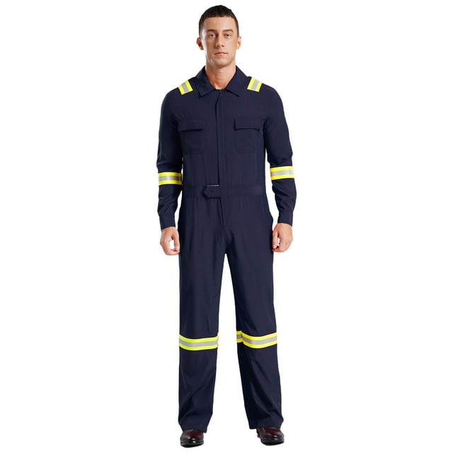 YONGHS Men's High Visibility Classic Workwear Reflective Stripes Work Coveralls with Pockets Navy Blue 3XL