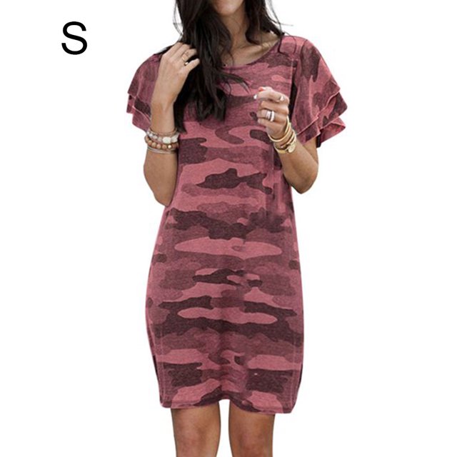 Vestido de mujer Camiseta larga con estampado de camuflaje Vestido suelto de manga corta, rojo vino, S Sweethay AP002154-09