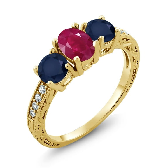 Gem Stone King 2.32 Ct Oval Red Ruby Blue Sapphire 18K Yellow Gold Plated Silver Moissanite Ring (Size 5)