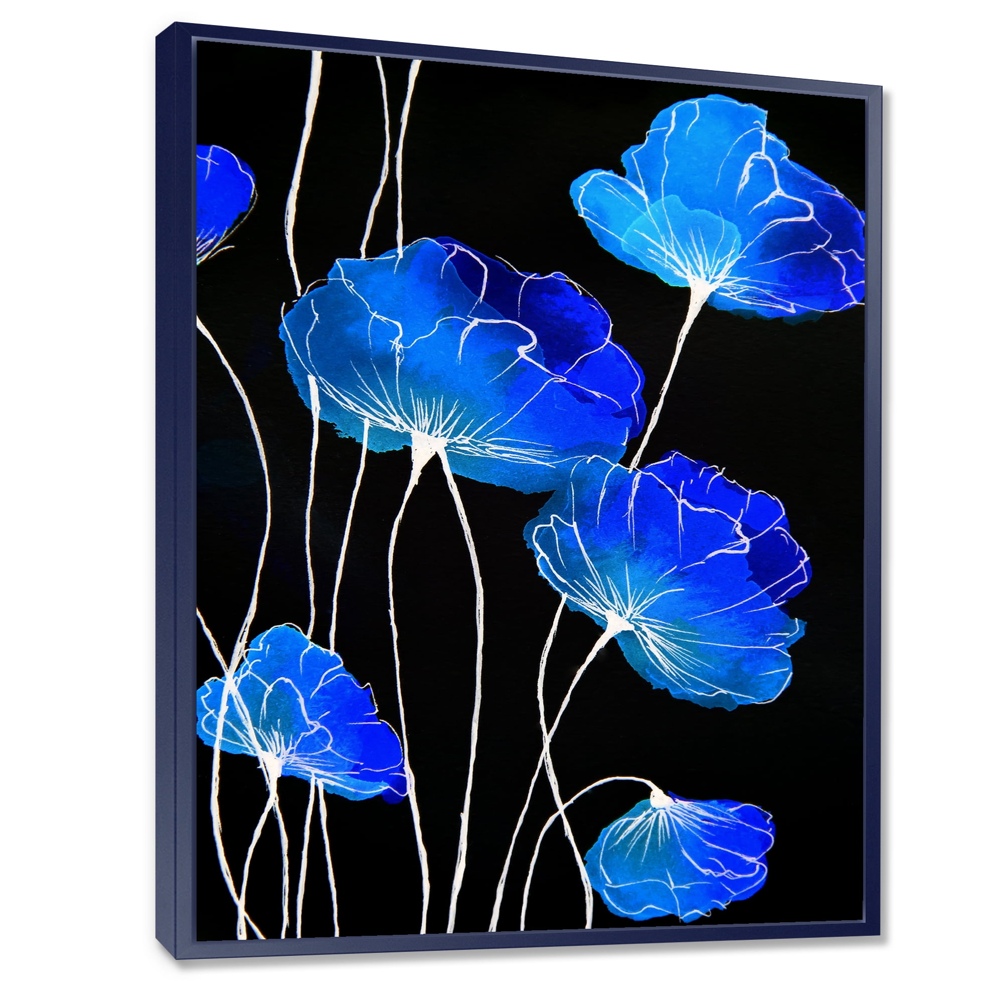 Designart 'Detail of Blue Flowers On Black Background II' Traditional Framed Canvas Wall Art Print