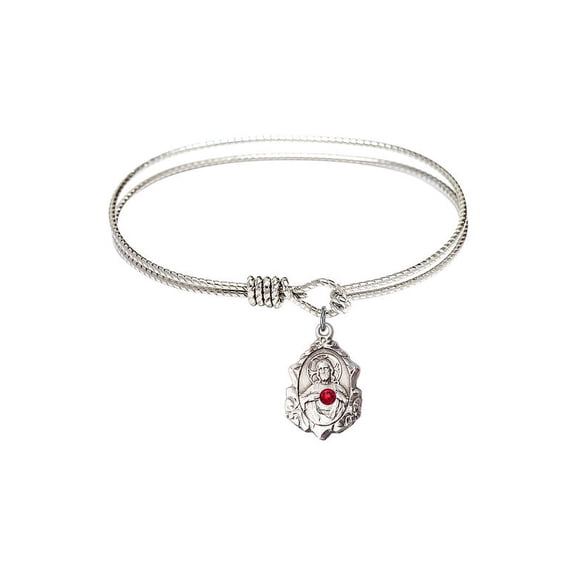7 1/4 inch Oval Eye Hook Bangle Bracelet w/ Scapular medal charm w/ July Red Swarovski Crystal