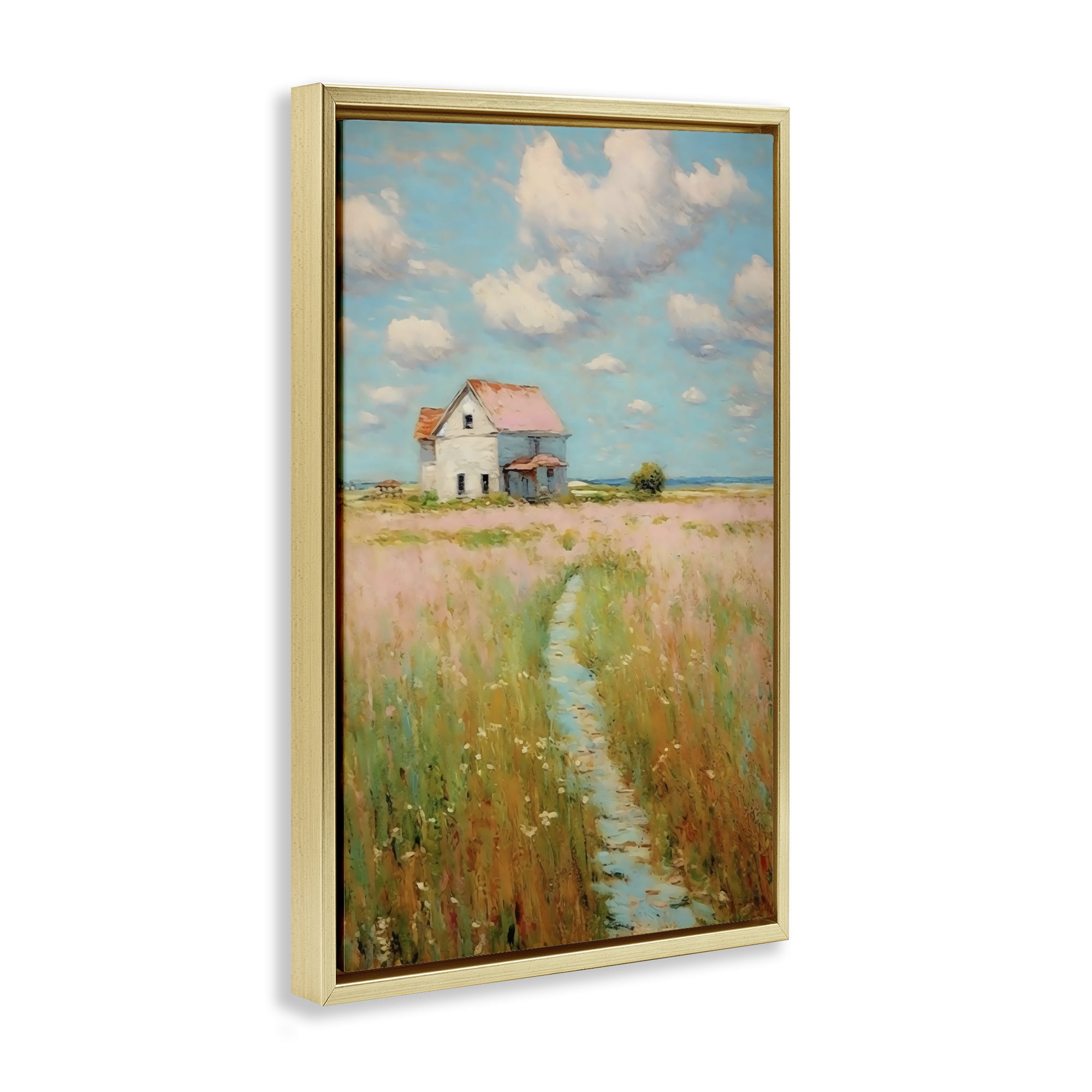 Stupell Industries House in Field of Flowers Gold Framed Floater Canvas Wall Art, design by Creative Studio
