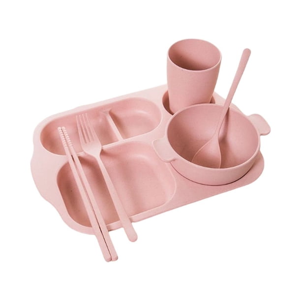 Injueey 6 unids/set niños de cena dividido tazón taza escuela estudiantes vajilla compartimentos vajilla bandeja tenedor palillos Mostrada Rosado