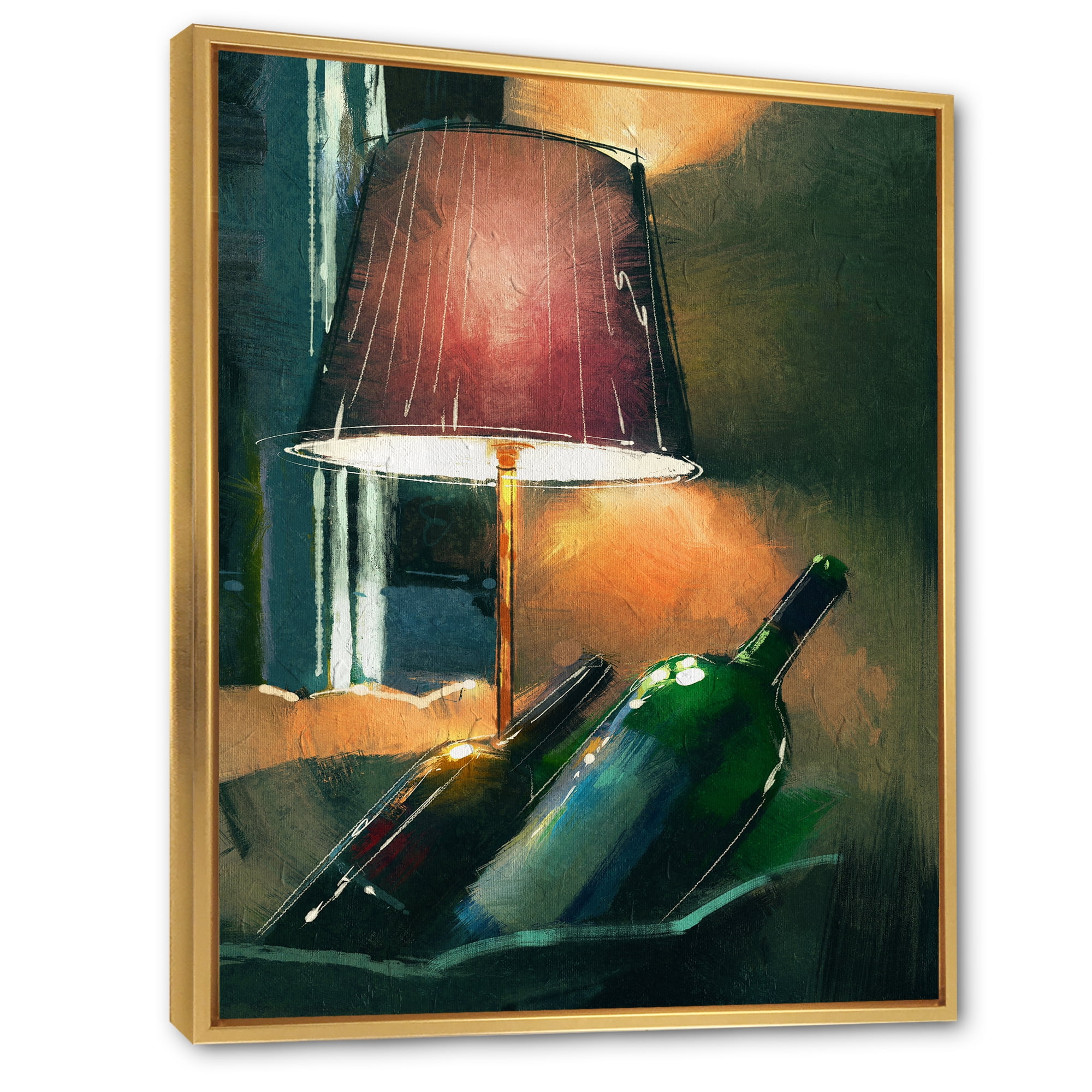 Designart 'Lamp Glowing Orange In The Night and Wine Bottles' Modern Framed Canvas Wall Art Print