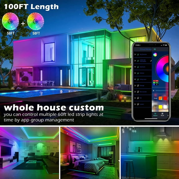 100FT RGB LED Strip Lights, Music Sync Color Changing LED Rope Lights with Bluetooth App & Remote, 5050 LEDs for Bedroom, Living Room, Gaming Setup & Holiday Decor