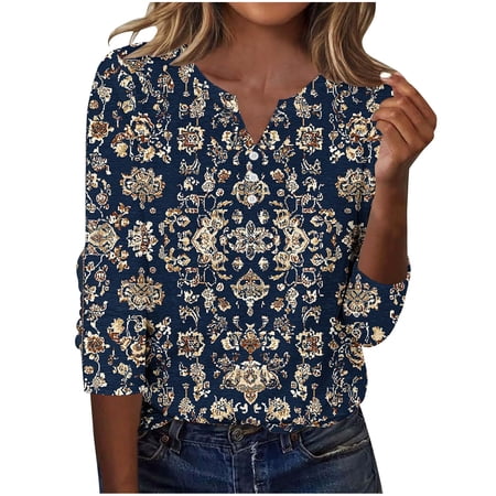 LiMoi Women's Modern Floral Print Shirt Three Quarter Sleeve V Neck Contemporary Blouse Tees Tops for Style My Order My Items