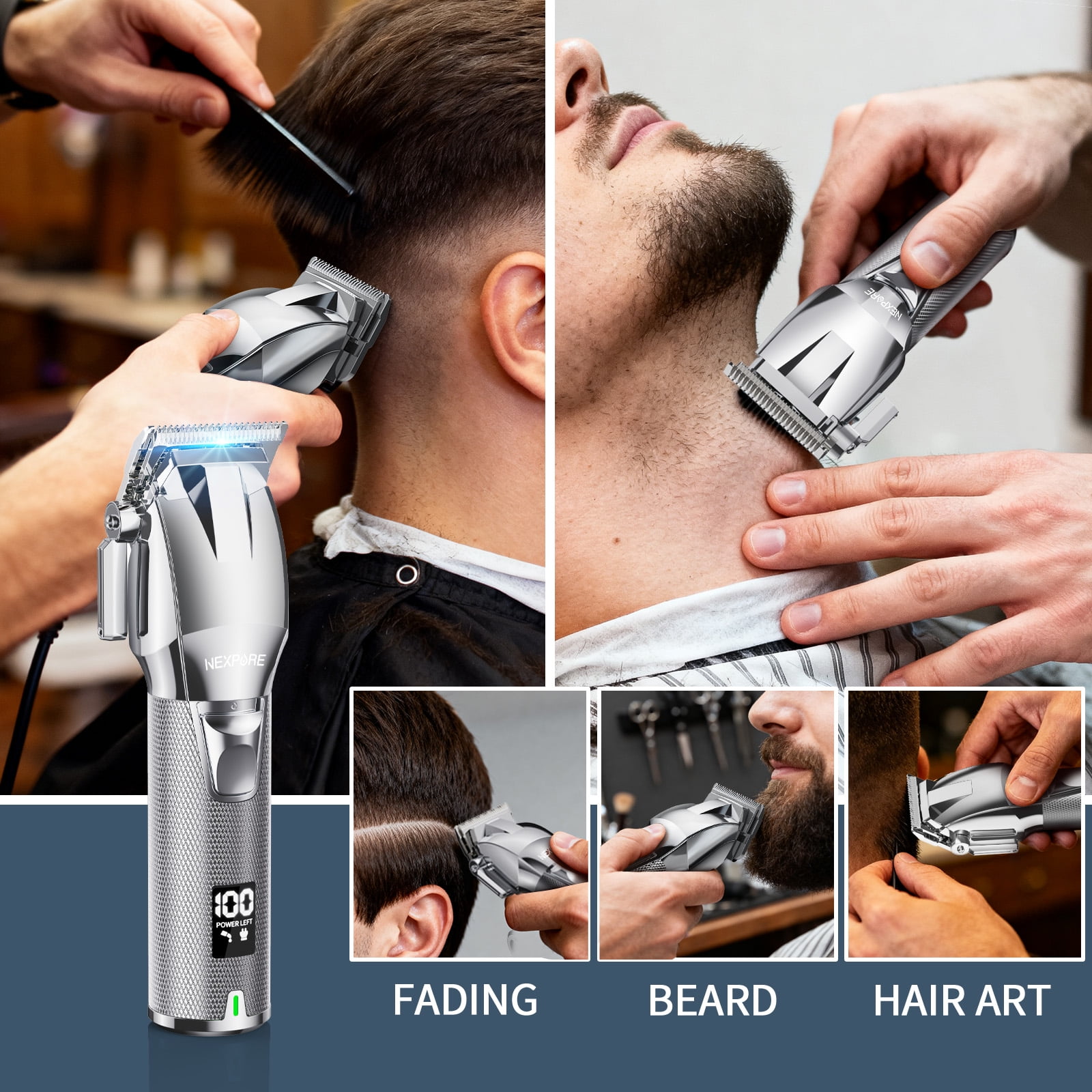 NEXPURE Cordless Hair Clippers for Men, 6800RPM Hair Cutting Kit Quiet High-Torque, 6 Guide Combs, All-in-One Clippers for Hair Cutting, Silver