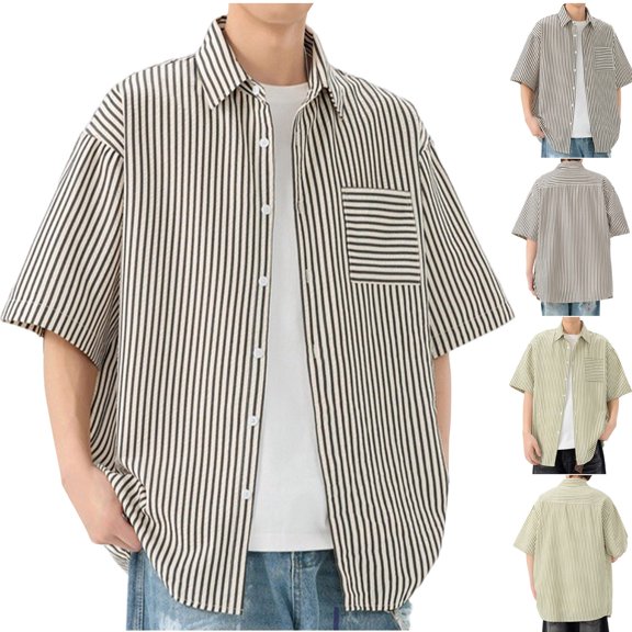 Men's Summer Casual Short Sleeve Lapel Top T-Shirt Shirt Loose Fit Striped Cotton Linen Breathable Cooling Beach Vacation Golf Travel Outfits | AESTIVO,Black L