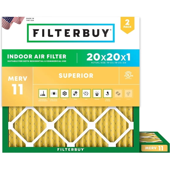 Filterbuy 20x20x1 MERV 11 (MPR 1200) Allergen Defense, Pleated HVAC AC Furnace Air Filters (2-Pack)