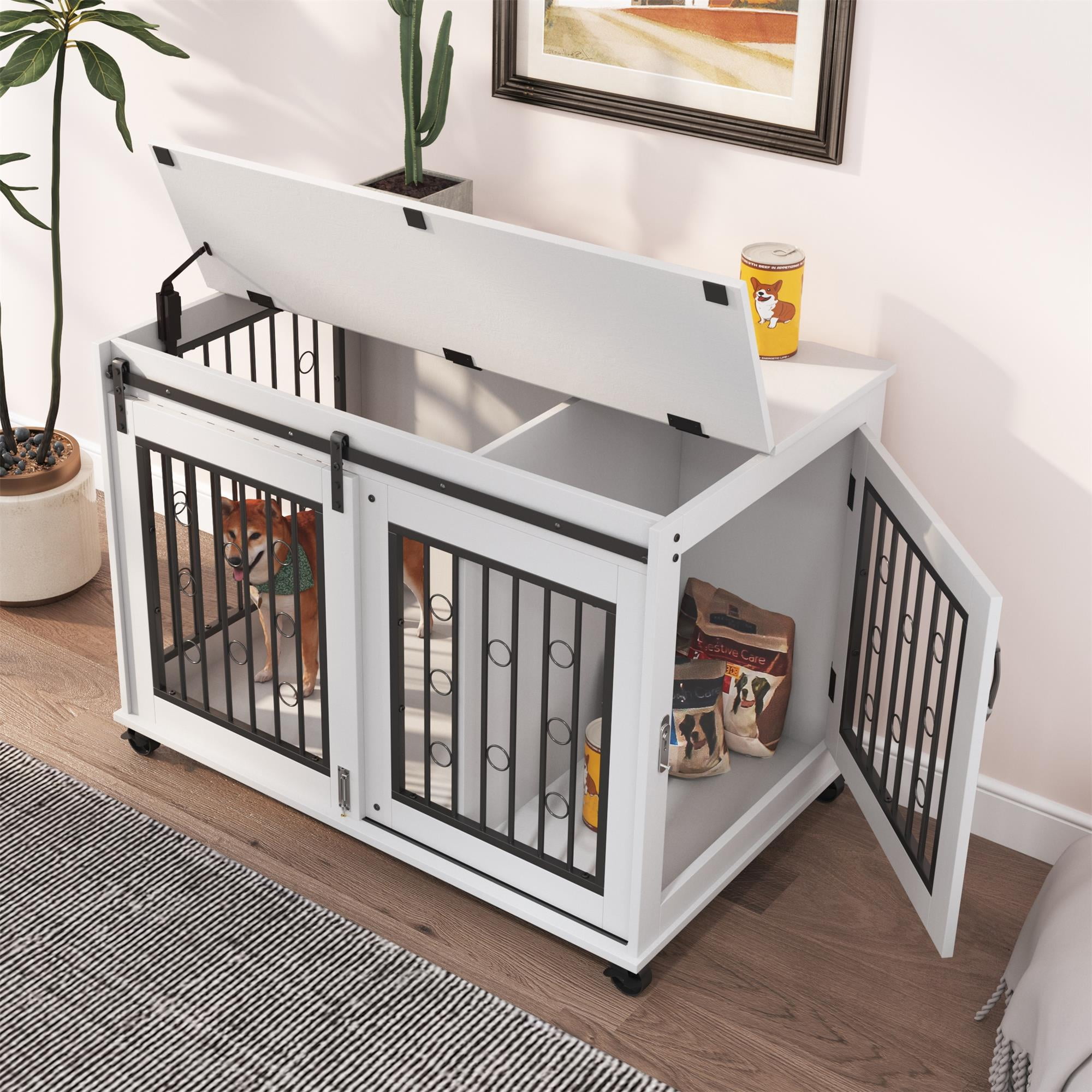 Pefilos 39" Dog Crate for Medium Dogs Sliding Door Wooden Dog Cage with Partition for Two Puppies Dog House Indoor, White Pefilos 39" Dog Crate for Medium Dogs Sliding Door Wooden Dog Cage with Partition for Two Puppies Dog House Indoor, White