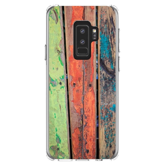 DistinctInk Clear Shockproof Hybrid Case for Samsung Galaxy S9  PLUS (6.2" Screen) - TPU Bumper, Acrylic Back, Tempered Glass Screen Protector - Rough Painted Wood Print - Printed Wood Grain Image