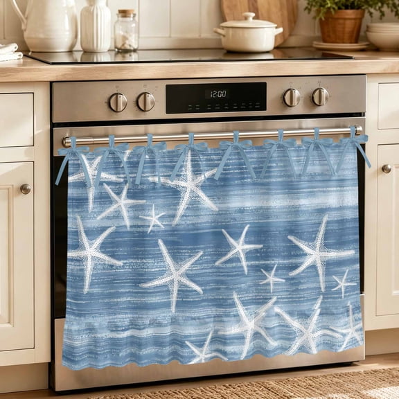 Blue Coastal Oven Skirt Curtain 32"Wx24"L,Waterproof Ruffled Stove Cover Skirt with 8 Ribbon Ties,Summer Ocean Waves Ombre Sea Starfish Decorative Oven Door Curtains for Kitchen Cabinet Storage