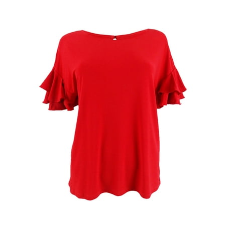 INC International Concepts Women's Petite Ruffled-Sleeve Top (PL, Real Red)
