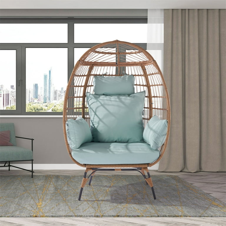 Rattan Egg Swing Chair with Waterproof Cushions Outdoor Wicker Hammock Chairs Patio Hanging Chair with Iron Frame PE Rattan Hanging Basket Lounge