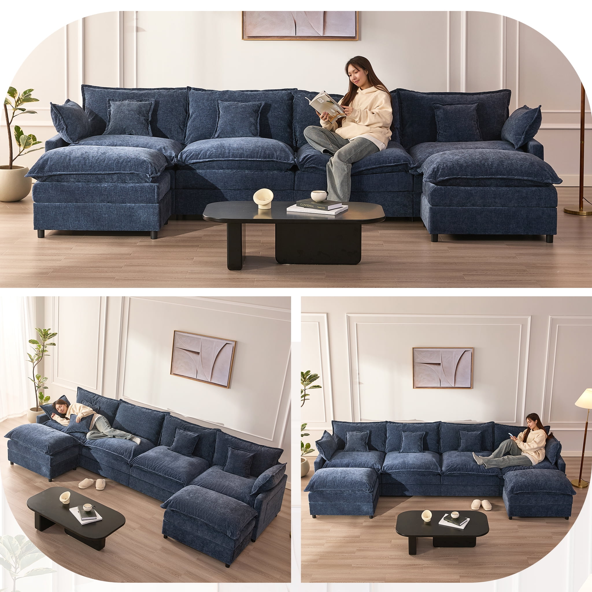 LAKPS 4-Seater Sectional Sofa Bed, Chenille Cloud Couch for Living Room, Navy