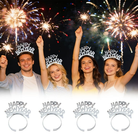 4 Pieces New Years Eve Party Supplies,Happy New Year Headband Tiara,Metallic Fringed Noise Makers Gold Sliver for Kids and Adults (Silver, 11*18cm/4.3*7.1inch)