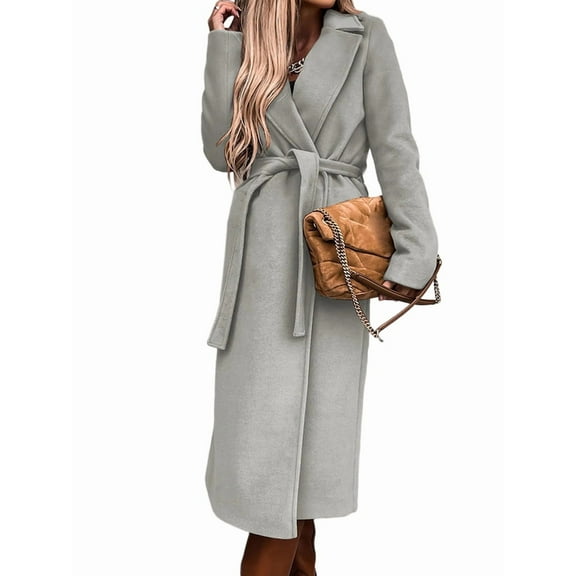 Women'S Notched Lapel Long Sleeves Slim Mid-Long Wool Blend Outerwear Casual Fall Winter Coats with Belt Light Grey M