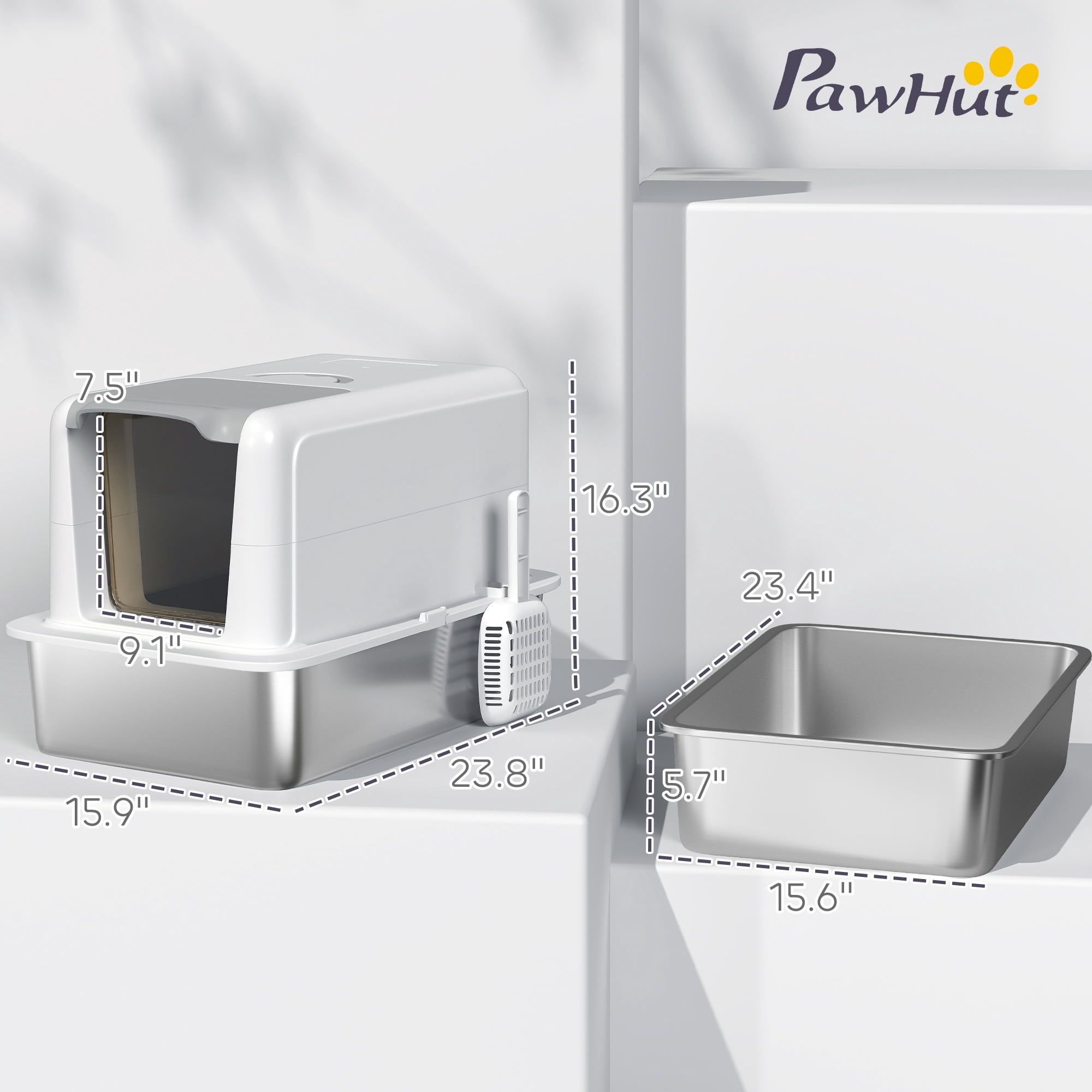 PawHut Stainless Steel Cat Litter Box, Extra Large 2 in 1 Kitty Litter Box with Removable Lid, Scoop, Filter Bags, for Small to Large Cats, White