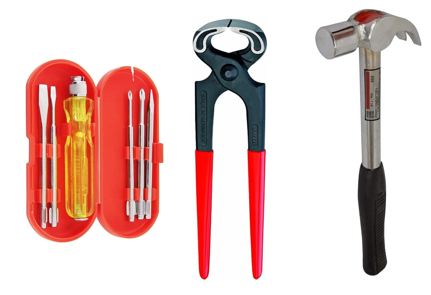 Hand Tools Kit For Home Use, Hand Tools Set | Combo With 8" Pincer Plier, Claw Hammer & 5 Pieces Screwdriver Set | Chrome Vanadium Steel, Utility Knives, Long-Lasting Tools, Accessories