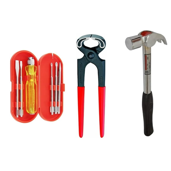 Hand Tools Kit For Home Use, Hand Tools Set | Combo With 8" Pincer Plier, Claw Hammer & 5 Pieces Screwdriver Set | Chrome Vanadium Steel, Utility Knives, Long-Lasting Tools, Accessories