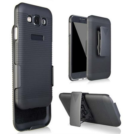 NAKEDCELLPHONE'S BLACK RIBBED HARD CASE COVER + BELT CLIP HOLSTER and STAND FOR SAMSUNG GALAXY E5 (SM-S978L, B170, SM-E500F, SM-E500H, SM-E500YZ, SM-E500M, SM-E500HQ)