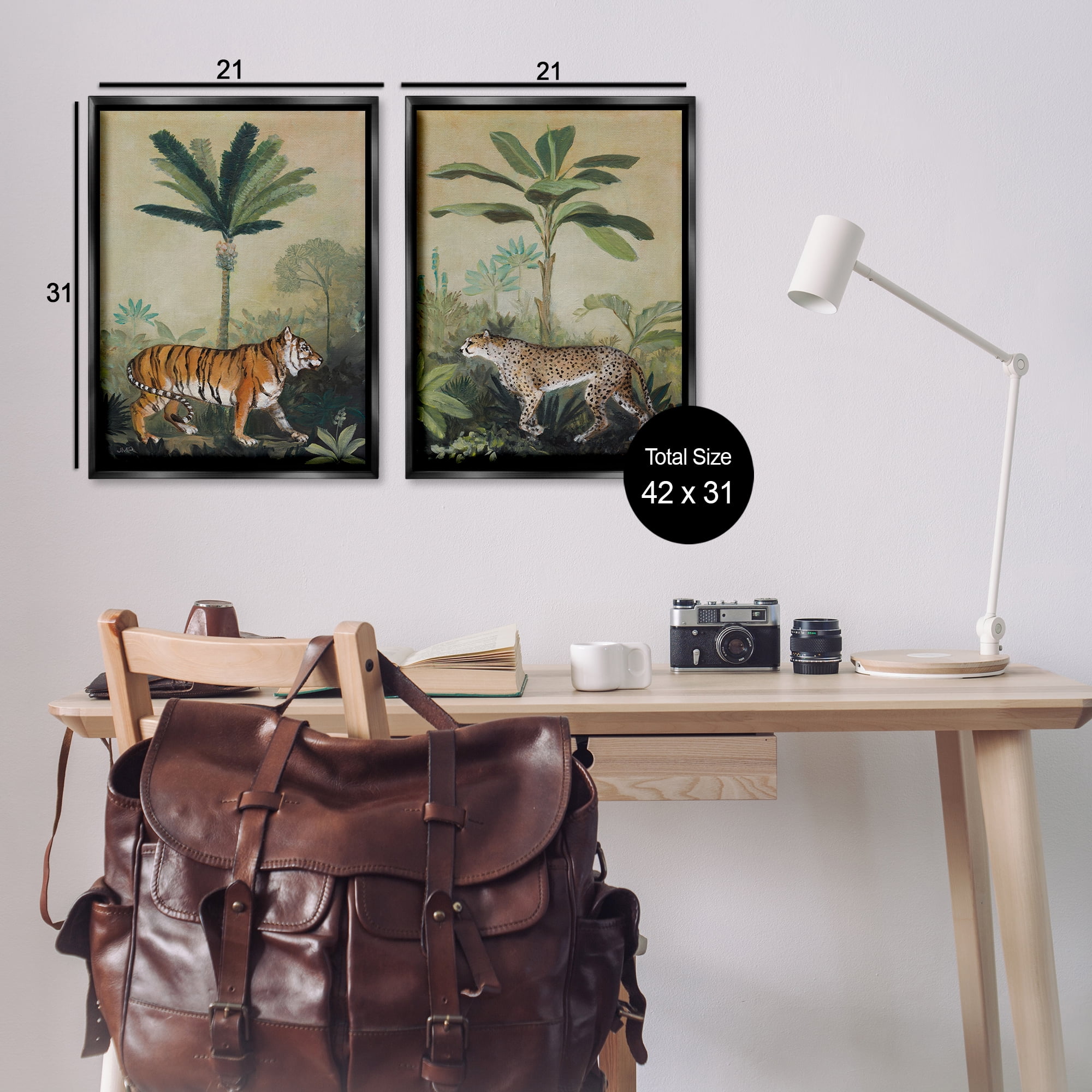 Stupell Industries Tiger Cheetah Jungle Forest Animals Painting Black Floater Framed Canvas Art Print Wall Art, 21 x 31, Set of 2