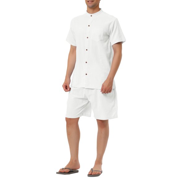 Lars Amadeus Men's Linen Sets Band Collar Button Down Short Sleeves Shirt Solid Beach Shorts
