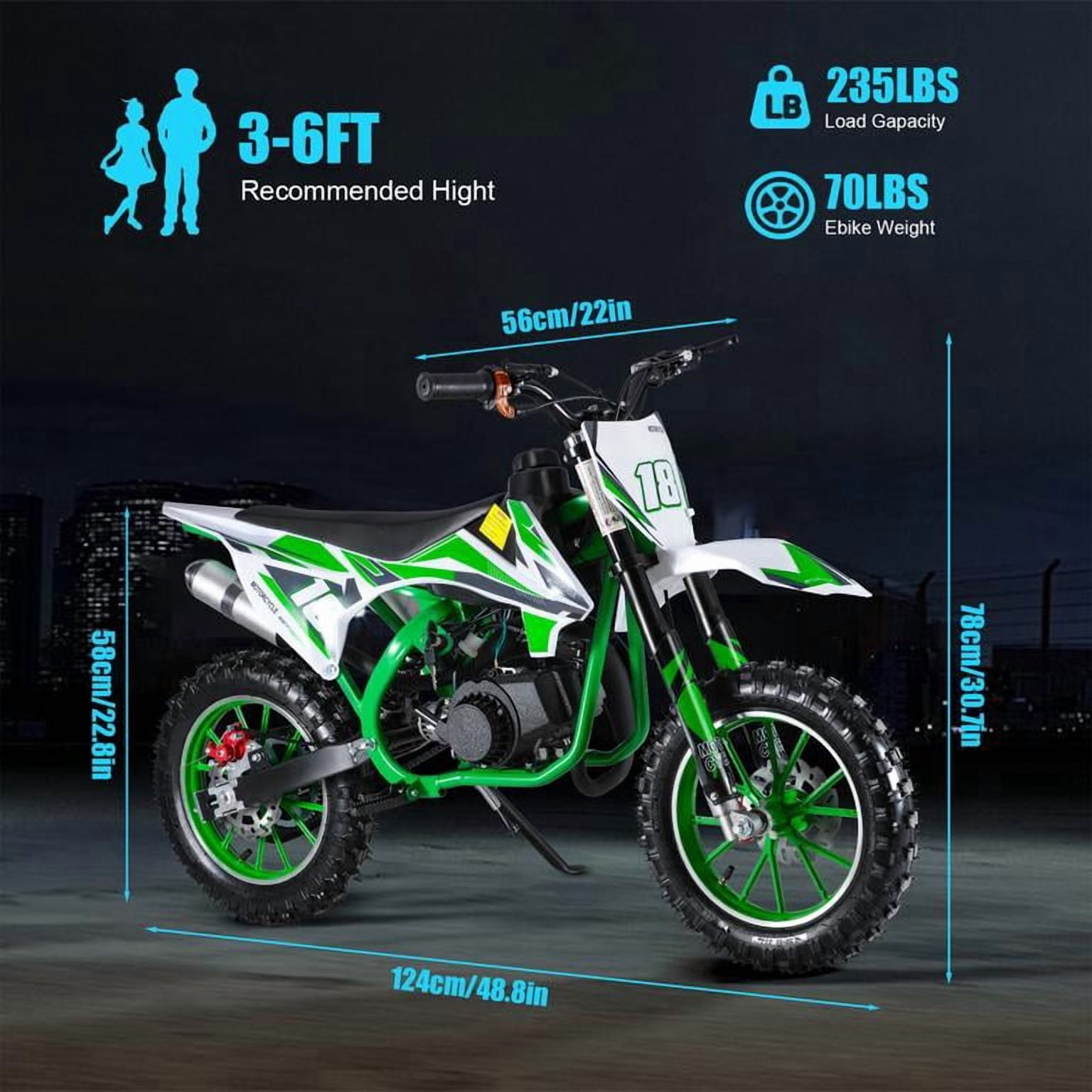 Korogimeeet Gas Powered Green Mini Dirt Bike 49cc 2-Stroke, 10 Inch Tires, Front Rear Disc Brakes, Full-Circle Crankshaft Engine, Smooth Acceleration, 47 x 28 Inch