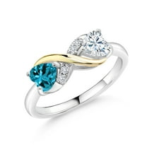 Gem Stone King 925 Silver and 10K Yellow Gold London Blue Topaz and Moissanite Women Ring (1.09 Cttw, Heart Shape, Available in Size 5, 6, 7, 8, 9)