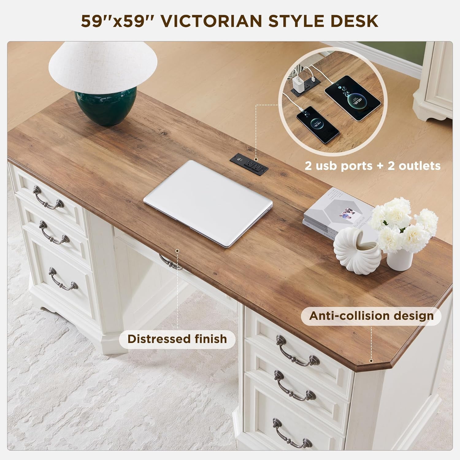 OKD 59" Farmhouse Office Desk，Rustic Desk - Engineered Wood，Corner Desk Charging Station，File drawer，For Study & Living Room Use