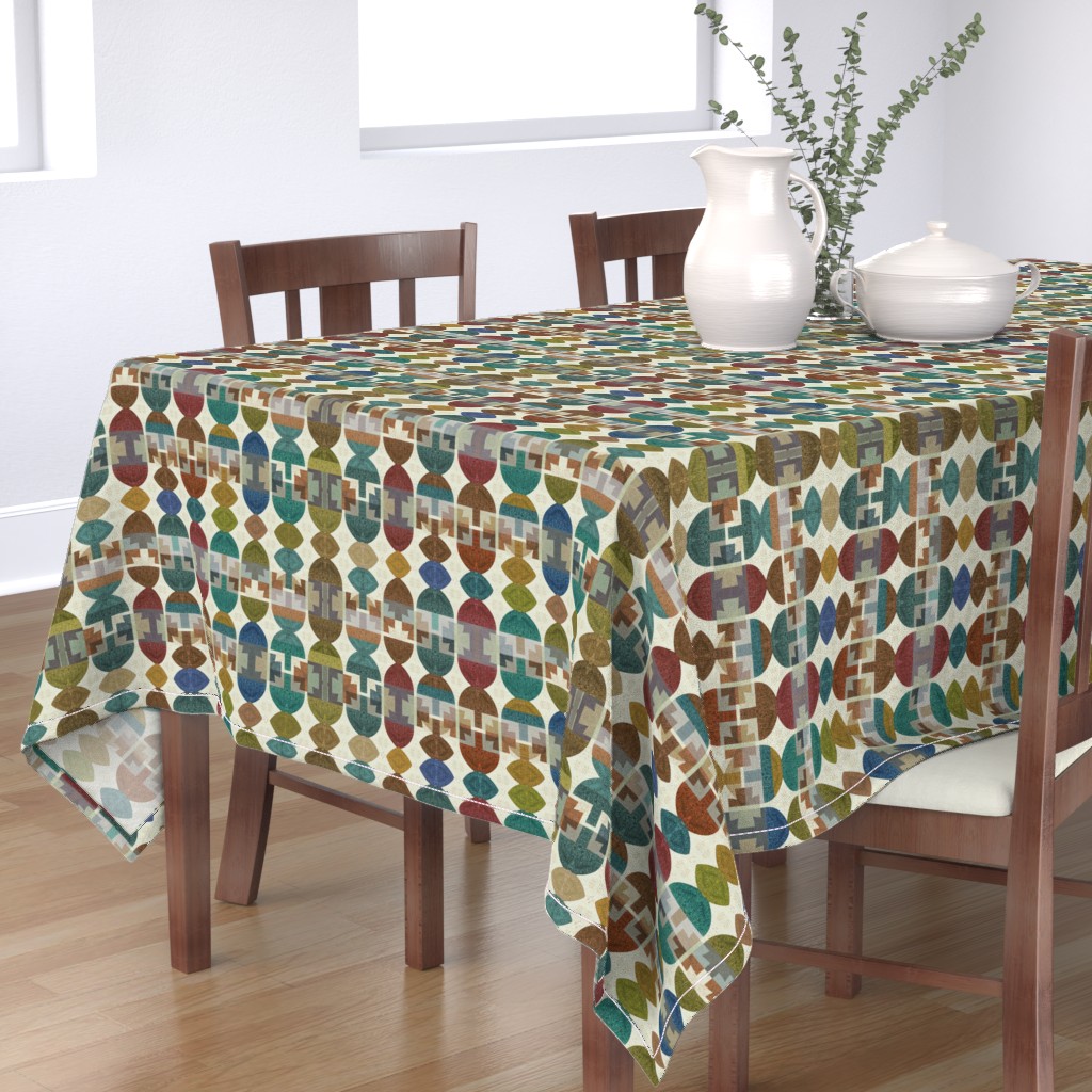 Cotton Sateen Tablecloth, 70" x 90" Tribal Beads Earth Geometric Shapes Weathered Look