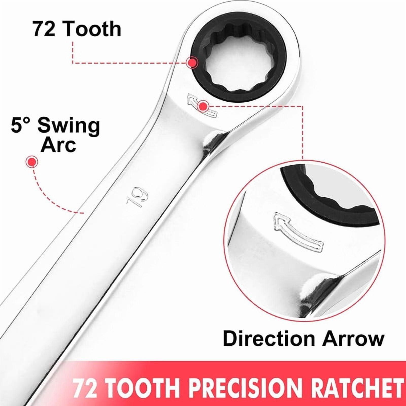 20-Piece Fixed Ratcheting Combination Wrench Set, 72 Teeth, SAE 1/4-3/4" & Metric 6-19mm, Chrome Vanadium Steel Combination Wrench with Storage Bag